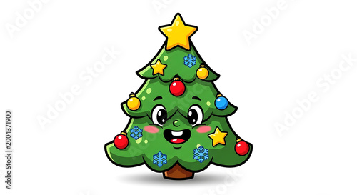 An adorable and friendly cartoon Christmas tree with a star on top, festive ornaments, and a smiling face stands ready to celebrate the holiday.