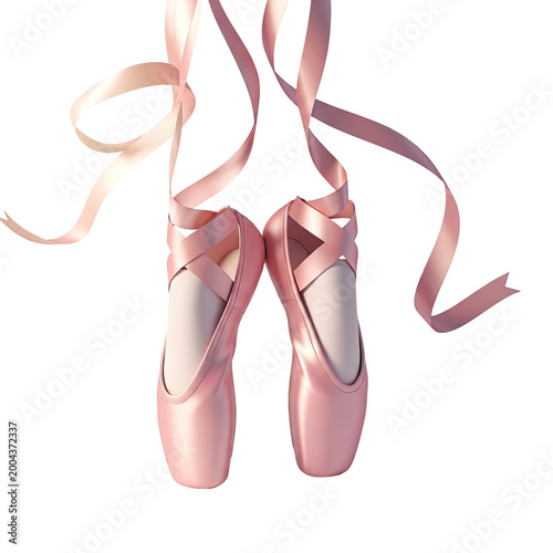 A pair of pink satin ballet pointe shoes with ribbons hanging.