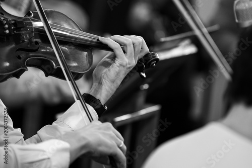  Hands of a musician playing the violin in an orchestra in black and white