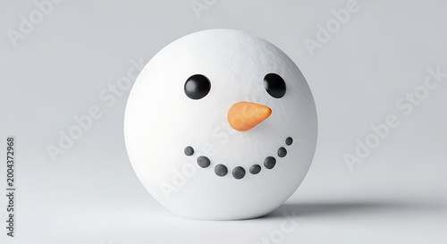 A simple and cheerful snowman's head, crafted from white snow, features black button eyes, a carrot nose, and a wide, happy smile.