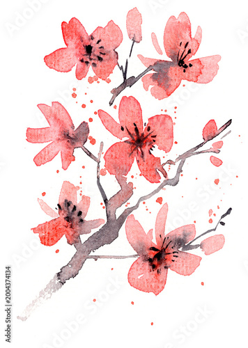 Elegant watercolor cherry blossom branch with expressive ink strokes and paint splashes, perfect for card design, scrapbooking, invitations, and romantic stationery projects.