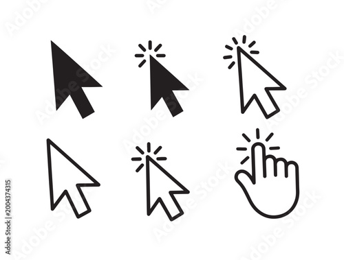 Quadro su tela Various black mouse cursors and hand pointers indicating clicking actions on a w