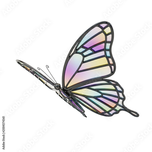 Beautiful artistic butterfly illustration with iridescent stained glass wings isolated on white background.