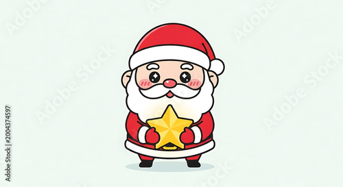 A cute, cartoon Santa Claus character standing and holding a shiny golden star with a happy expression.