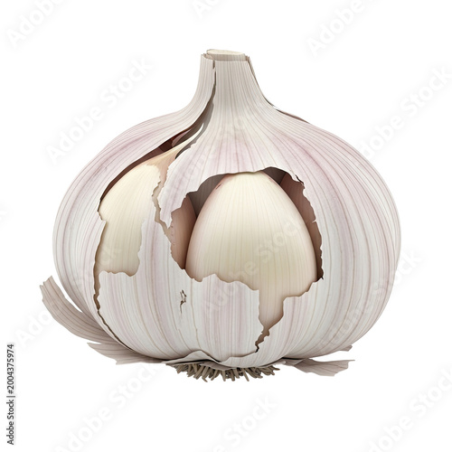 A single head of fresh white garlic isolated on a white background.