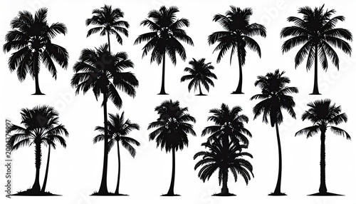 Palm trees silhouettes on white background for summer, vacation and nature design