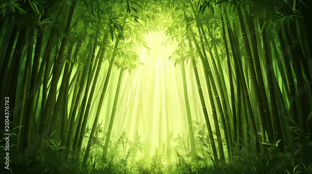 Fototapeta premium Lush bamboo forest with sunlight streaming through the canopy, creating a serene, green atmosphere