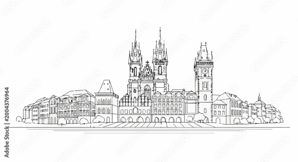 Fototapeta premium A stark line drawing depicts a European city skyline with detailed gothic and baroque architecture