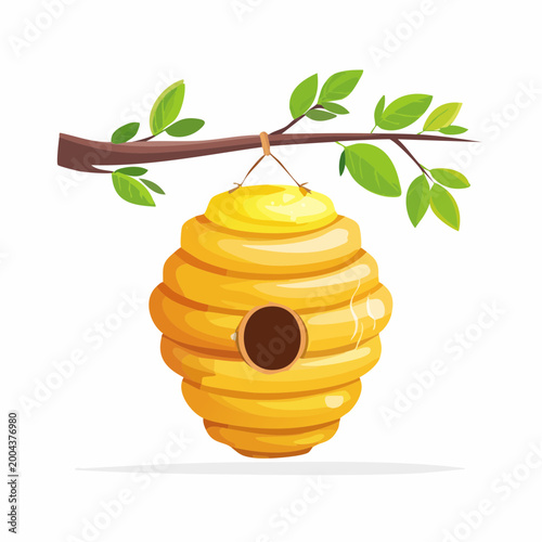 Cartoon beehive hanging on branch
