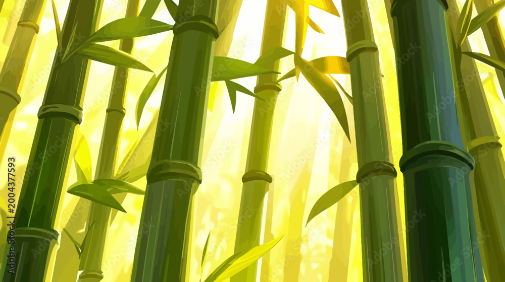 Obraz premium Animated illustration of vibrant green bamboo stalks with lush leaves, bathed in bright, warm sunlight