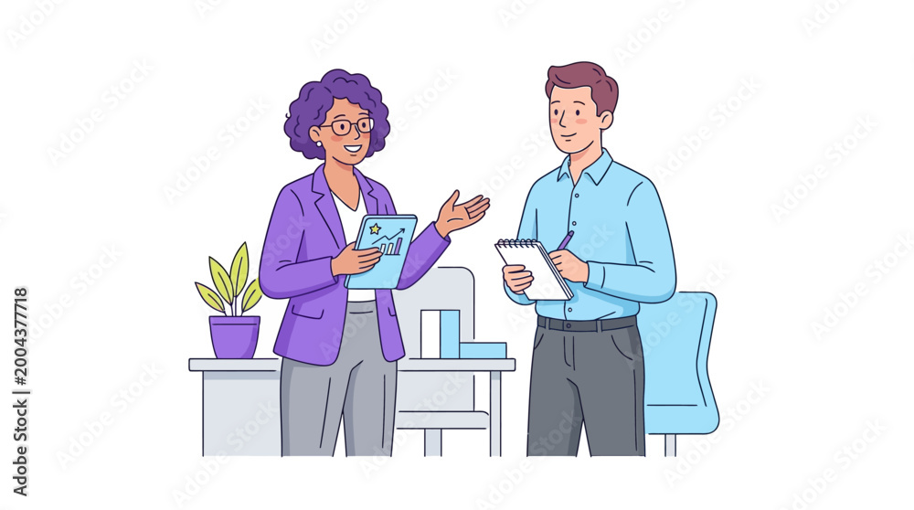 Fototapeta premium Business professionals discussing project data in a modern office environment illustration