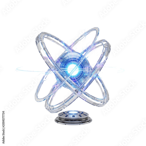 Futuristic Glowing Holographic Atom Model with Rotating Rings.