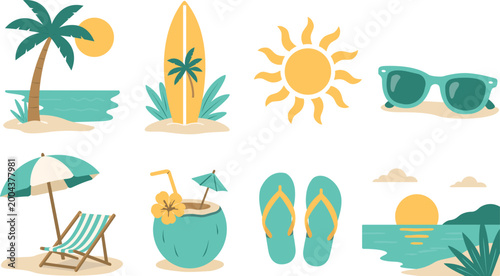 Tableau sur toile Summer vacation vector icons set – beach elements collection for travel and sunn