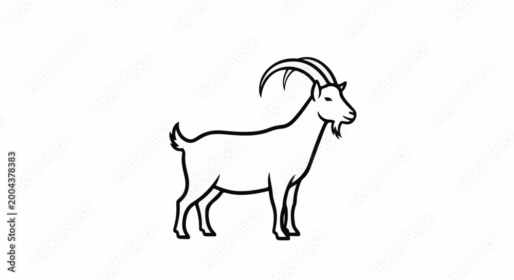 Fototapeta premium A simple line drawing of a goat with large, curved horns