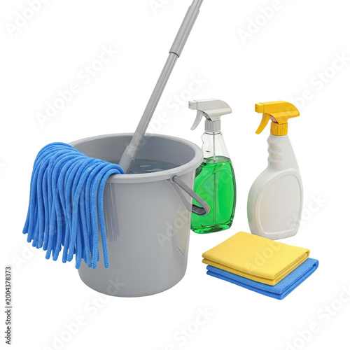 House cleaning supplies bucket mop spray bottles and microfiber cloths.