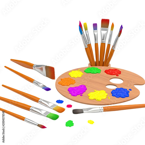 Wooden artists palette with colorful paint splashes and various painting brushes.