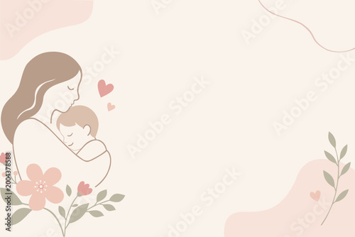 Tender Mother and Baby Illustration with Floral Elements, Minimalist Motherhood Concept
