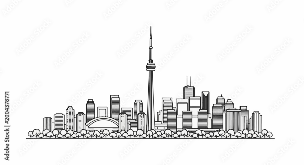 Obraz premium A line drawing of a city skyline with a tall central tower and many buildings
