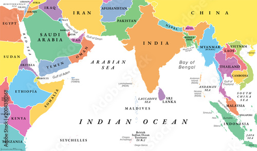 Fotografi North Indian Ocean, multi colored political map with countries and international borders