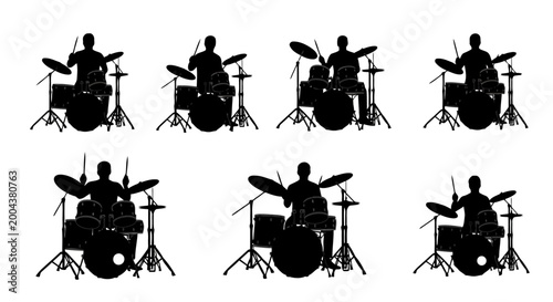 Konstfotografi Set of drummer silhouettes playing drum kits