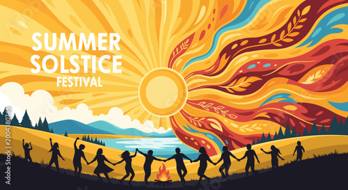 Foto Vibrant Summer Solstice Festival illustration featuring a sunburst, dancing figures holding hands around a bonfire, and colorful abstract patterns representing nature's energy