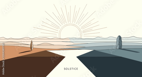 Konstfotografi A minimalist illustration depicts the summer and winter solstices with a sun rising over a serene landscape, symbolizing the changing seasons and celestial events