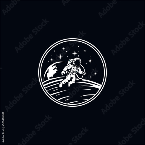 This astronaut logo features a space-themed illustration with a minimalist yet detailed monochrome (black-and-white) design style.