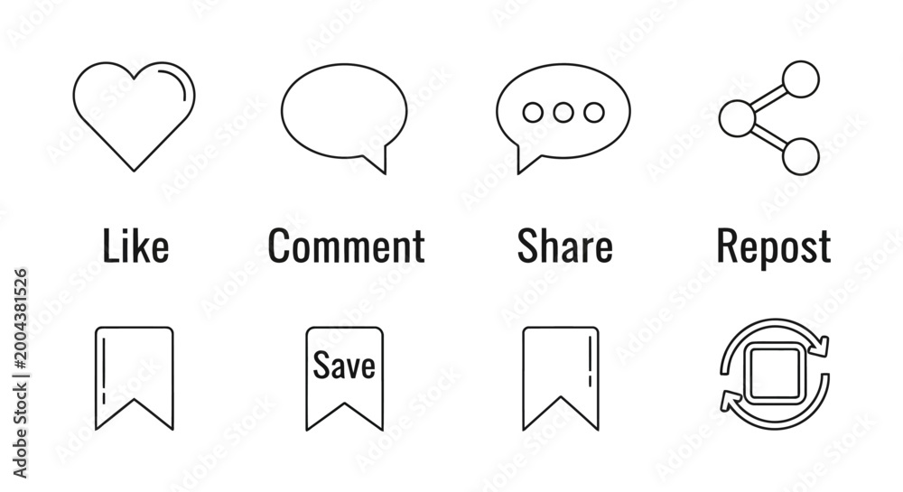 Obraz premium Social media interaction icons set, like, comment, share, repost, save buttons, linear vector illustration