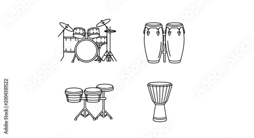 Tableau sur toile Set of various drums icons, including drum kit, congas, bongos and djembe, music