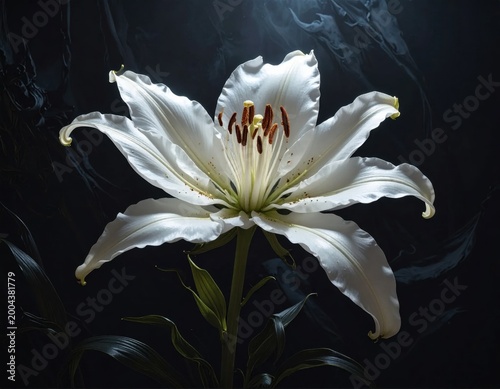 single white lily flower blooming in dramatic dark lighting, moody floral photography for nature posters, wedding decor and elegant greeting cards