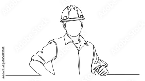 Continuous one line drawing of a construction worker wearing a safety helmet.