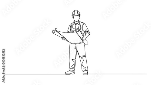 Continuous line drawing of a construction engineer holding blueprints.