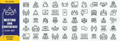 Meeting and conference icon set. Containing seminar, business meeting, presentation, interview, conference, assembly, agreement and discussion icons. Solid icon collection