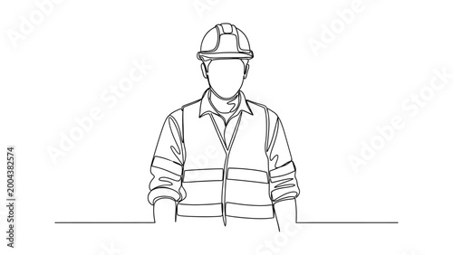 Continuous line drawing of a construction worker wearing a safety helmet and reflective vest.