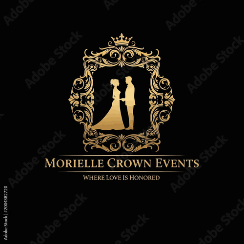 Wedding couple silhouette in gold frame.