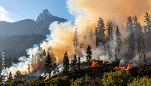 Devastating Wildfire Consumes Forest Landscape with Towering Mountain Backdrop.