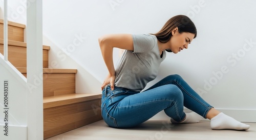 Woman suffering from back pain after falling down stairs at home.