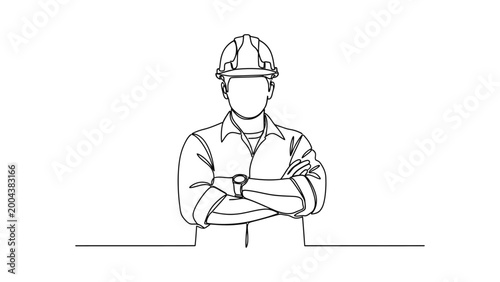 Continuous line drawing of a confident construction worker wearing a safety helmet.