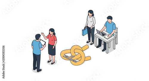 Isometric illustration of people interacting with a pretzel knot.