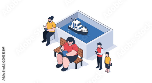 Isometric Illustration of People Observing a Miniature Boat in a Pool.
