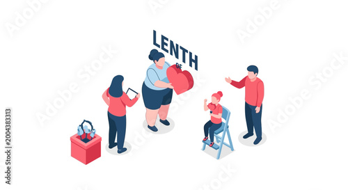 Isometric illustration of people interacting with the word Lenth and objects.