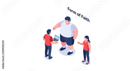 Isometric Illustration of People Interacting with a Large Figure.