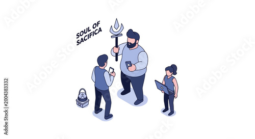 Isometric Illustration of People with a Symbol of Sacrifice and Ritual.