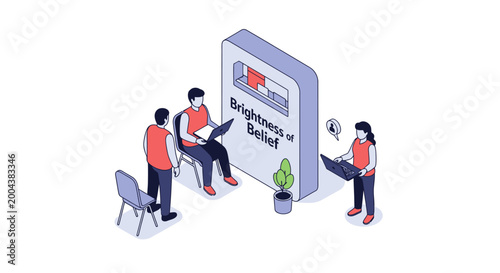 Isometric illustration of people working together on a project with laptops.
