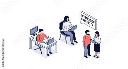 Isometric Illustration of People Working on Laptops and Discussing Science.
