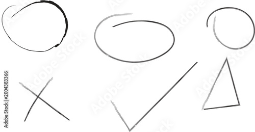 Hand-drawn vector illustration featuring sketchy circles, checkmark, cross, and triangle symbols