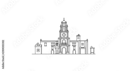 Architectural Illustration of a Historic Building with a Clock Tower.