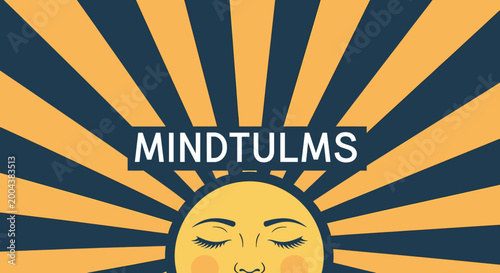 Foto Stylized illustration of a sun with closed eyes radiating yellow and blue rays, featuring the word 'MINDTULMS' for mindfulness and awakening