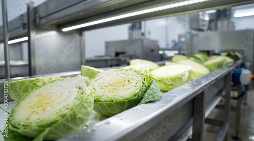 Freshly cut cabbages on a conveyor belt in a food processing factory.