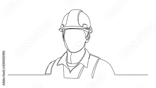 Continuous line drawing of a construction worker wearing a safety helmet.